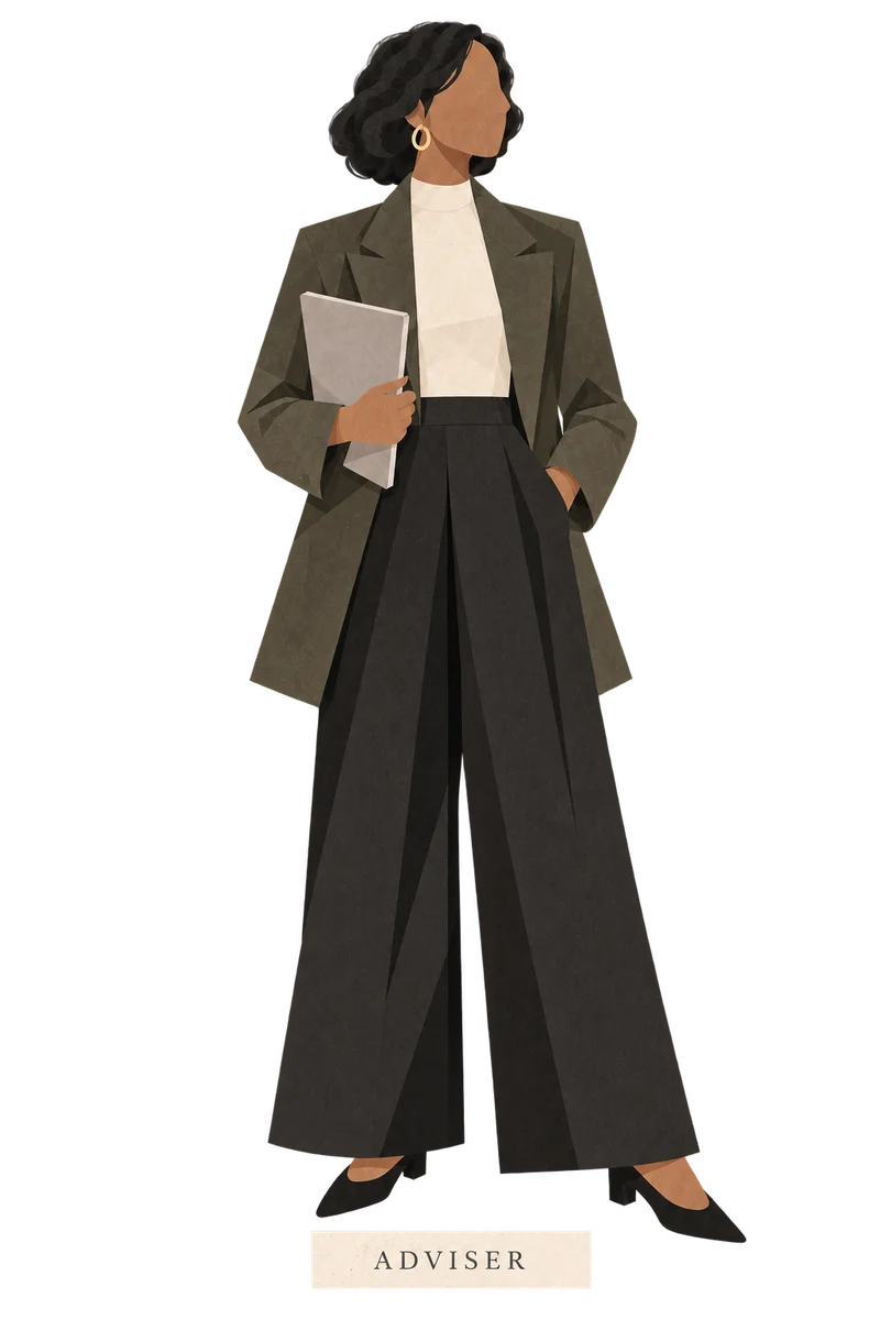 Illustration of the Adviser: a woman in an olive blazer and wide black trousers, holding a folder.
