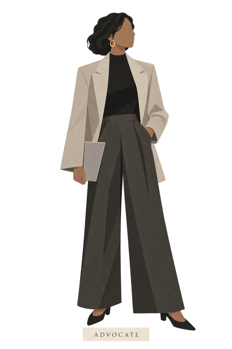 Illustration of the Advocate: a woman in a cream blazer and charcoal trousers, holding a folder.