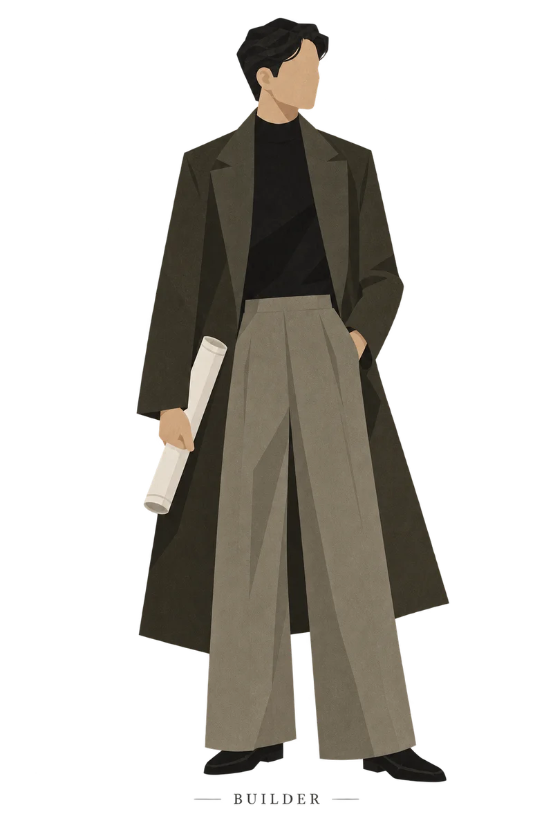 Illustration of the Builder: a man in a long dark coat, carrying rolled-up plans.