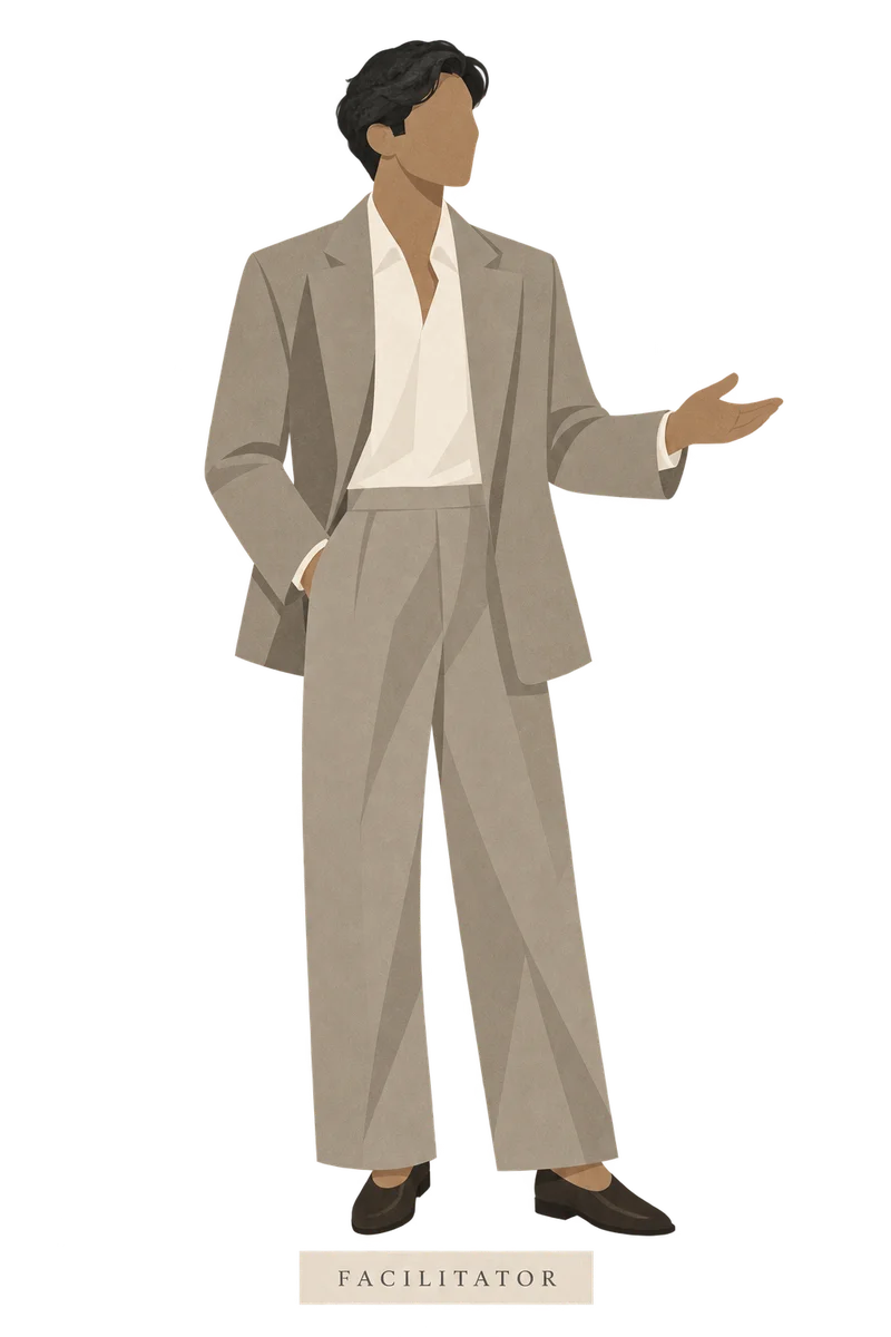 Illustration of the Facilitator: a man in a stone suit, one hand open as if inviting someone in.