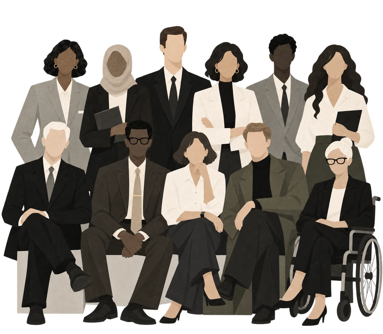 Illustration of eleven professionals of different ages, backgrounds and abilities, standing and seated together as one group.