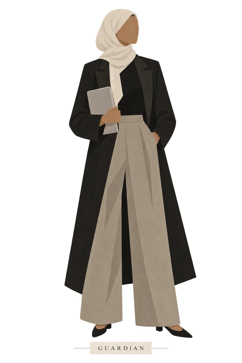 Illustration of the Guardian: a woman in a cream hijab and long black coat, holding a folder close.
