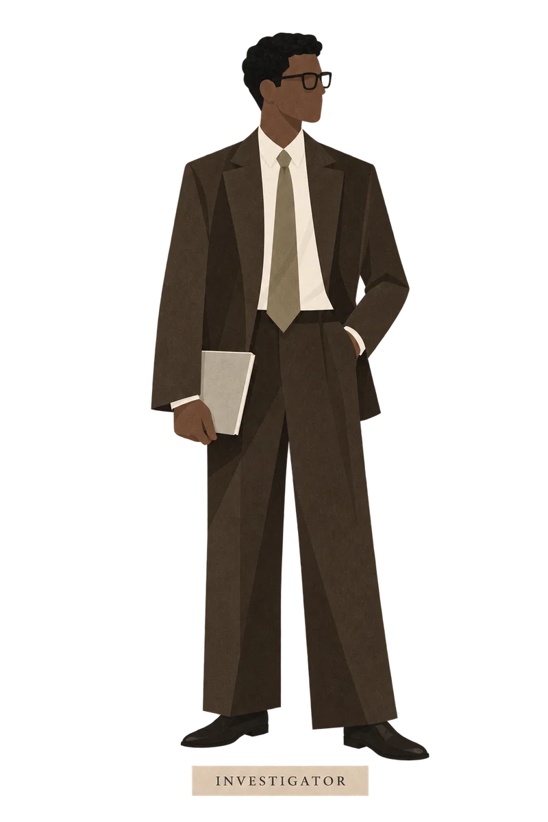 Illustration of the Investigator: a man in glasses and a brown suit, holding a book.