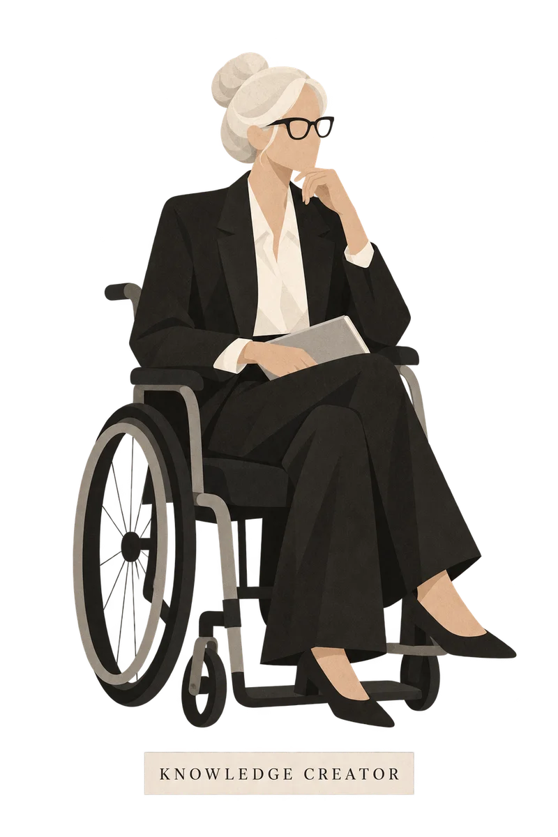Illustration of the Knowledge Creator: an older woman with glasses in a wheelchair, thinking, with a book on her lap.
