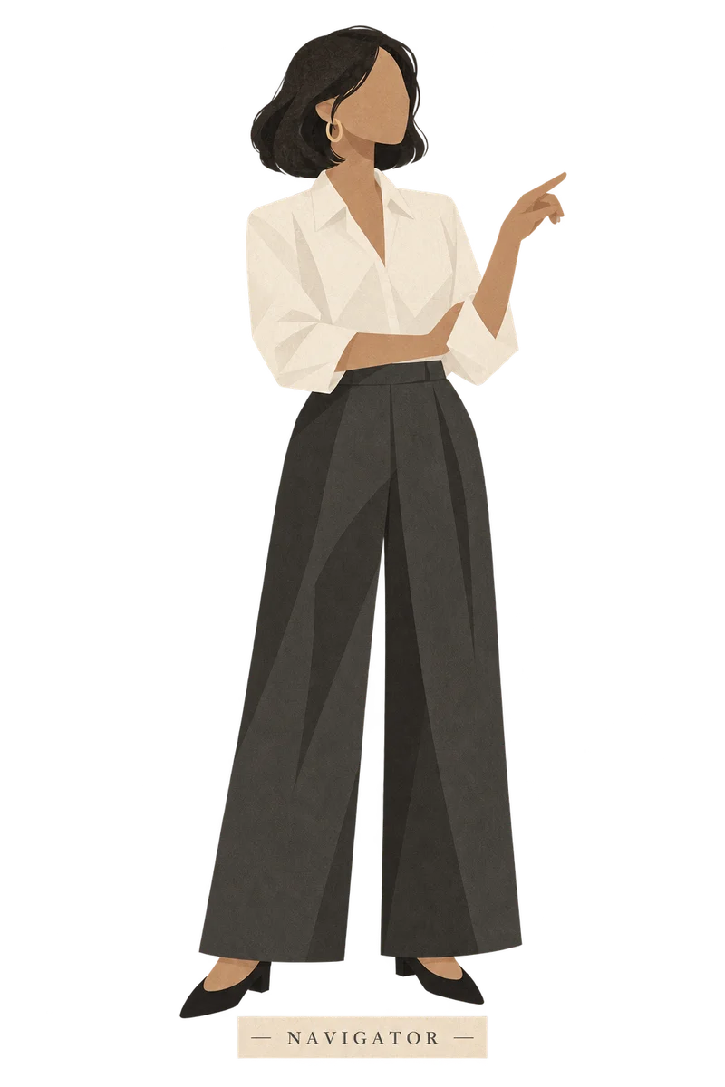 Illustration of the Navigator: a woman in a white shirt and charcoal trousers, pointing the way.