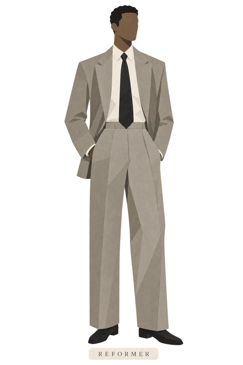 Illustration of the Reformer: a man in a grey suit and black tie, hands in pockets.