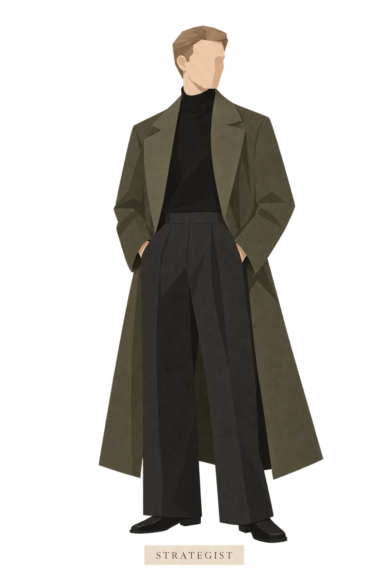 Illustration of the Strategist: a man in a long olive coat and black turtleneck, hands in pockets.