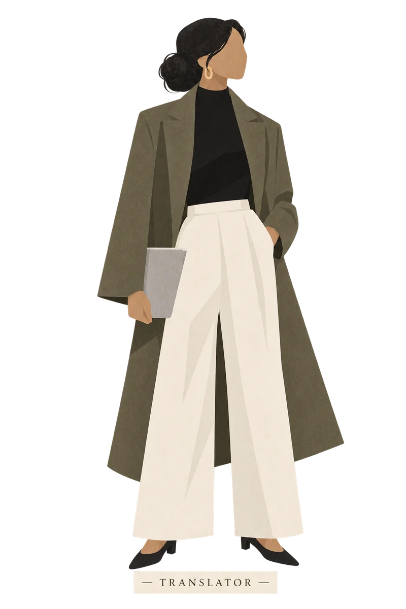 Illustration of the Translator: a woman in a long olive coat and cream trousers, holding a folder.