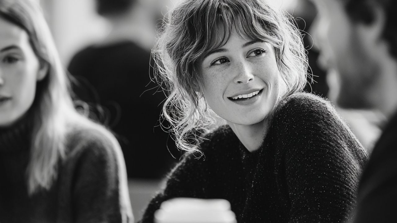 A woman smiling mid-conversation at a busy table.