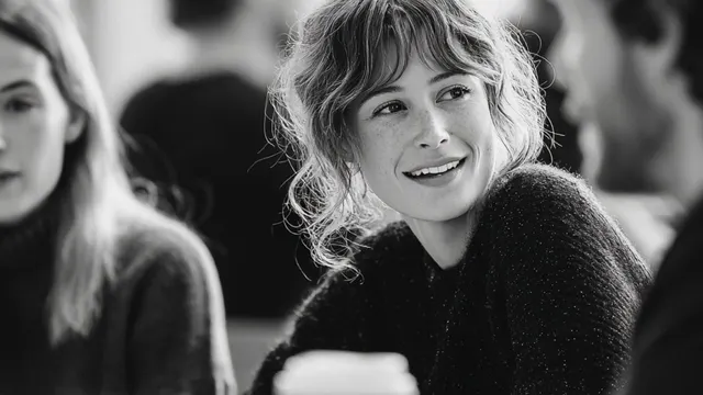 People in conversation, one smiling.
